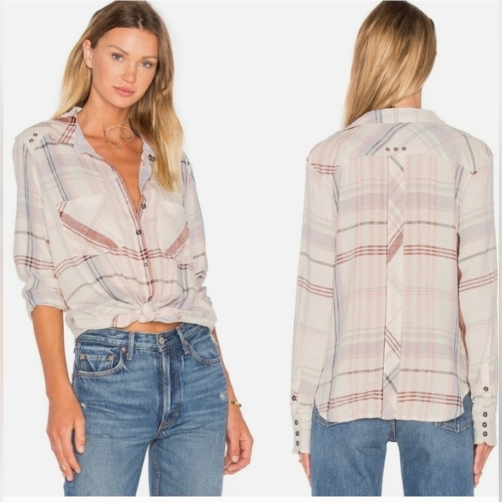 Free People White, Blue, Muave Plaid Shirt Size S